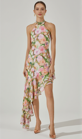 SABINA PINK GREEN ASYMMETRIC FLORAL HALTER MIDI DRESS