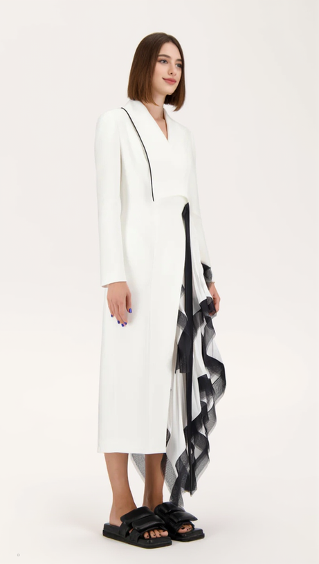 ASYMMETRIC PLEATED RUFFLE TRIM BLAZER DRESS IN WHITE