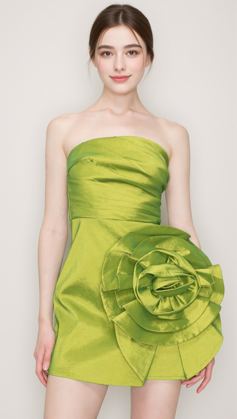 SATIN STRAPLESS 3D FLORAS MINI DRESS