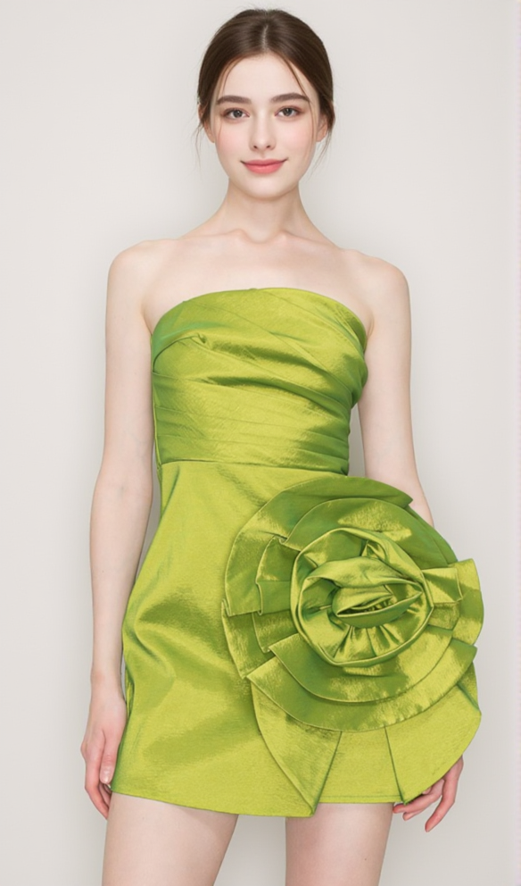 SATIN STRAPLESS 3D FLORAS MINI DRESS