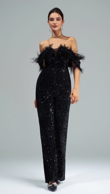 OFF-SHOULDER SEQUIN JUMPSUIT IN BLACK