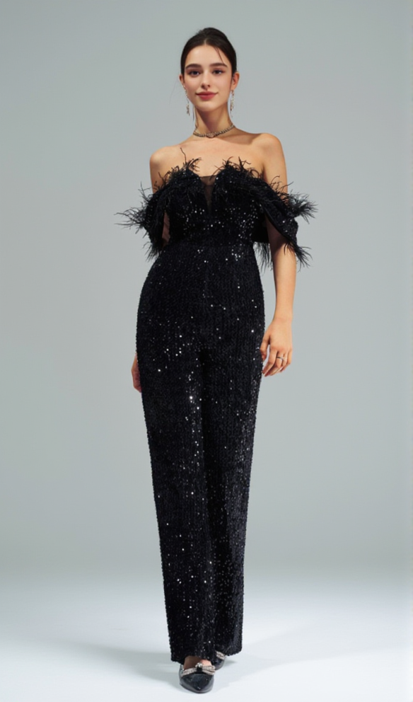 OFF-SHOULDER SEQUIN JUMPSUIT IN BLACK