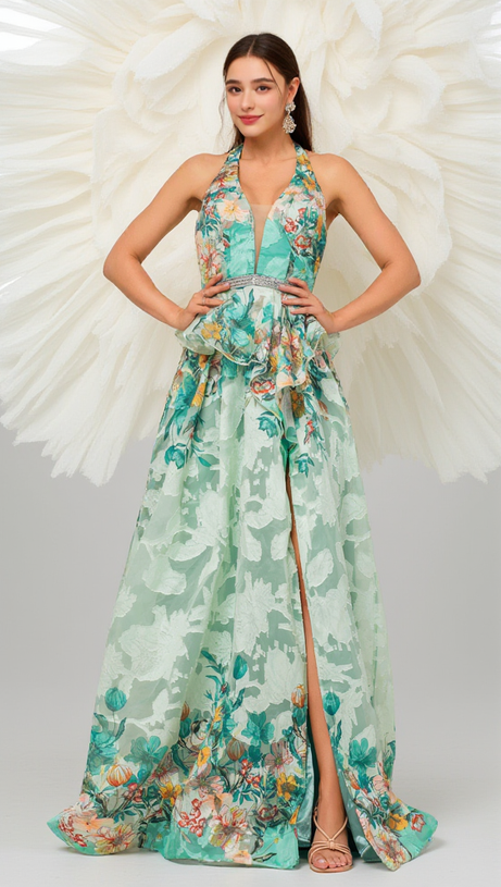 SLEEVELESS V-NECK FLORAL PRINT HALTER MAXI DRESS IN GREEN