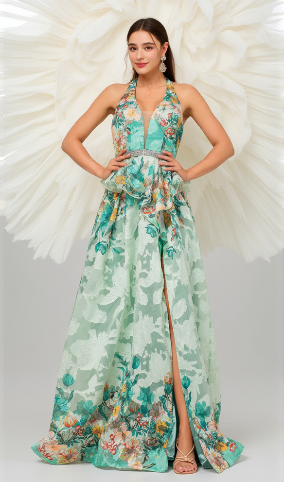 AIIZIE SLEEVELESS V-NECK FLORAL PRINT HALTER MAXI DRESS IN GREEN - product image
