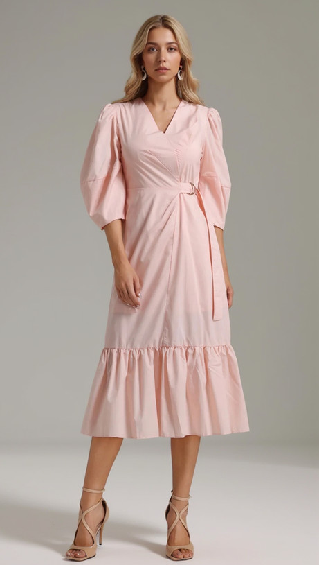 ANTONIA PINK PUFF SLEEVE RUFFLE MIDI DRESS