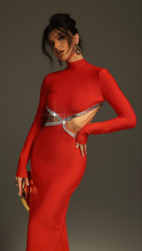 BAGUETTE CRYSTALS SIDE CUTOUTS EMBROIDERED RED CRÊPE MAXI DRESS