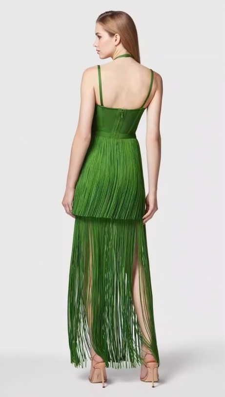 BRIANNA HALTER NECK FRINGE TASSEL DRESS IN GREEN