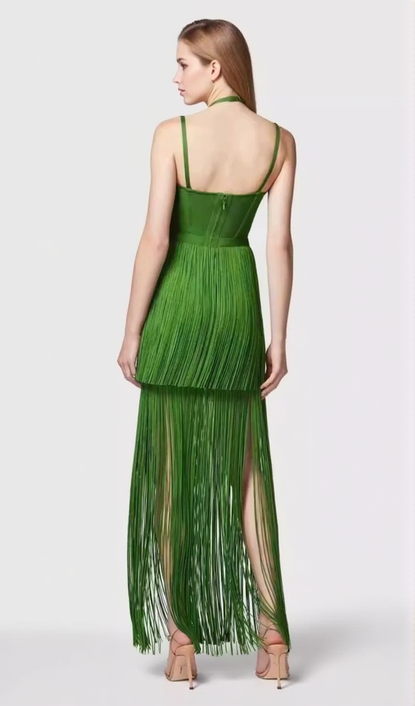 AIIZIE BRIANNA HALTER NECK FRINGE TASSEL DRESS IN GREEN - product image