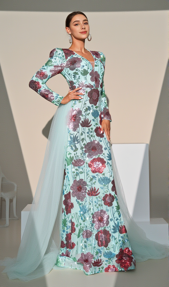 AIIZIE LONG SLEEVE FLORAL PRINT SEQUIN MAXI DRESS IN GREEN - product image