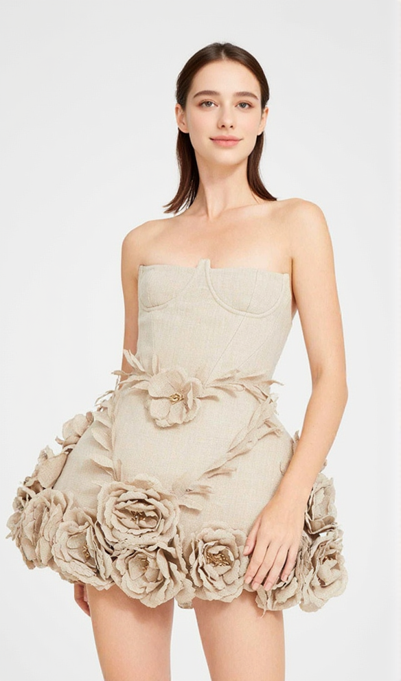 SALOME BEIGE LINEN CORSET FLOWER DETAILS MINI DRESS