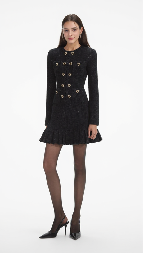 BLACK BUTTONED LONG SLEEVE KNIT MINI DRESS