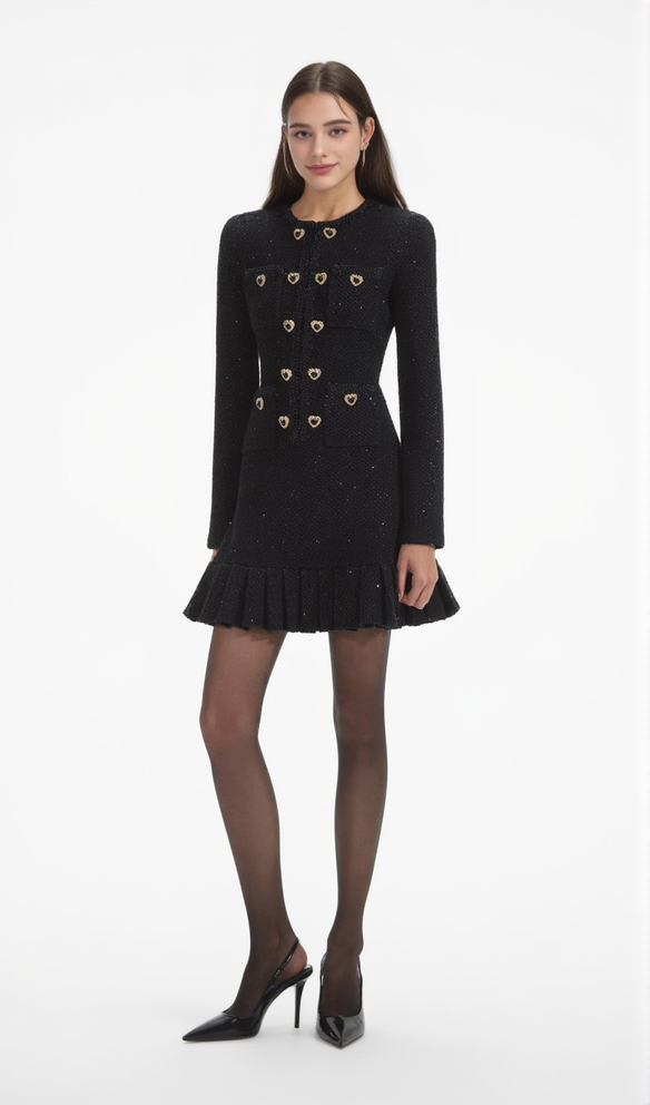 BLACK BUTTONED LONG SLEEVE KNIT MINI DRESS