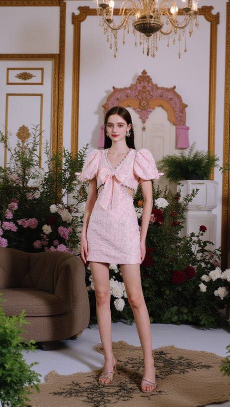 POPPY DIAMOND BUBBLE SLEEVED V-NECK DRESS IN PINK