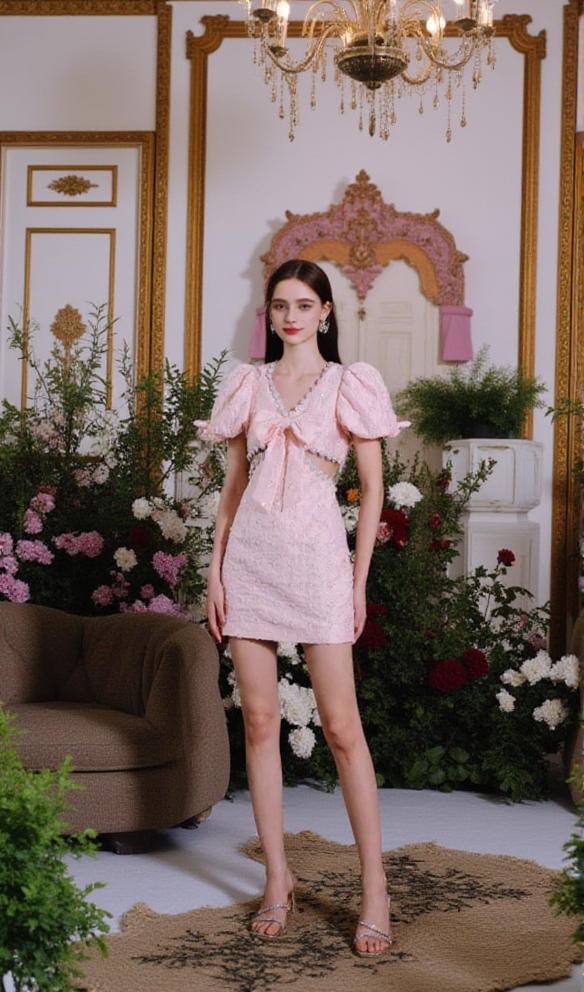AIIZIE POPPY DIAMOND BUBBLE SLEEVED V-NECK DRESS IN PINK - product image