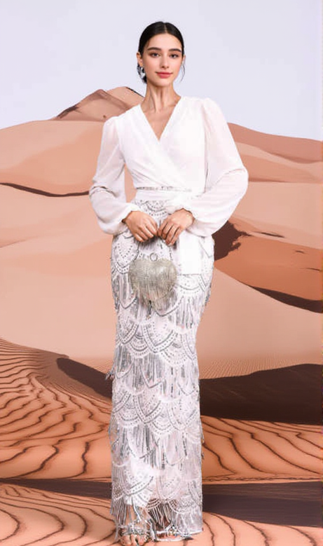 Sequin Tassel Long Sleeve Maxi Dress in white