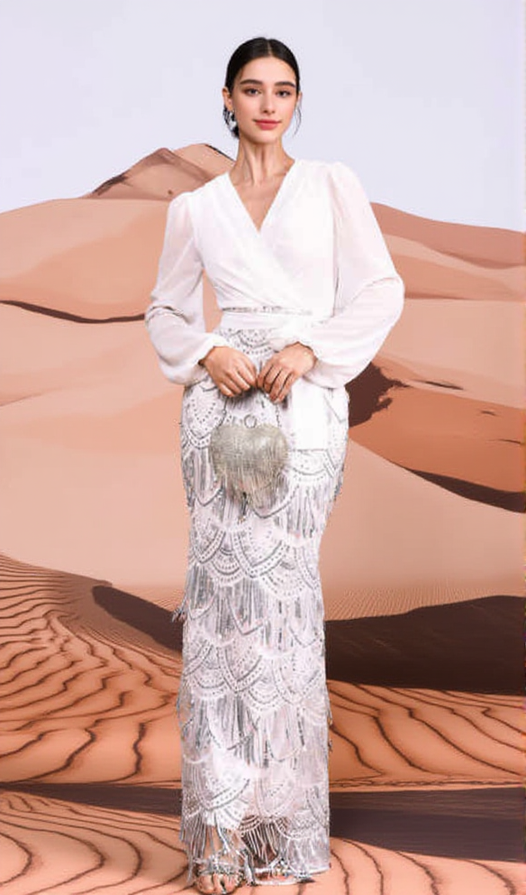 SEQUIN TASSEL LONG SLEEVE MAXI DRESS IN WHITE