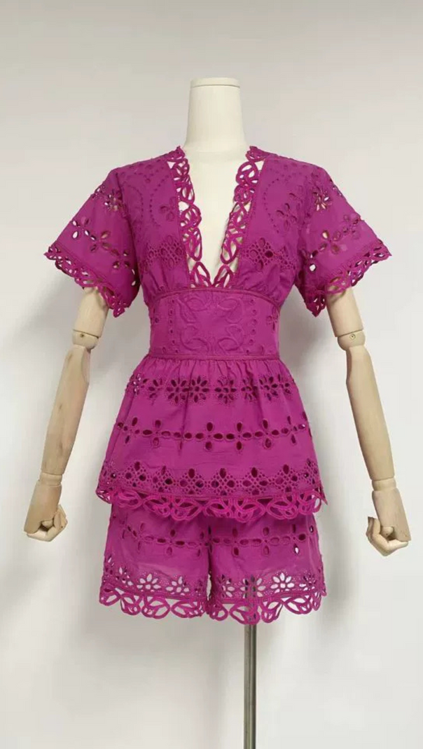 AIIZIE MAGGIE PURPLE LAYERED CUT OUT LACE TOP SHORTS SUIT - product image