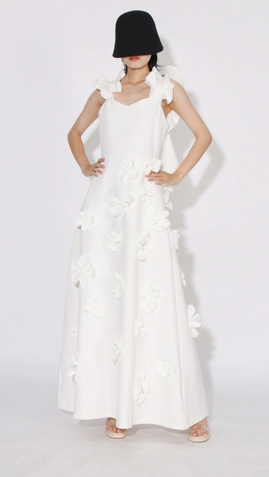 FLOWER RUFFLE TRIM STRAP MIDI DRESS IN WHITE