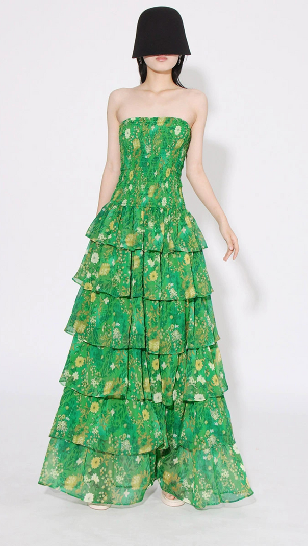 AIIZIE STRAPLESS LAYERED BANDEAU FLORAL PRINT MAXI DRESS IN GREEN - product image