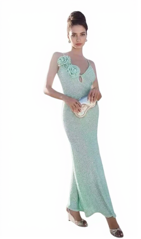 TEAL FLORAL EMBELLISHED BODYCON SEQUIN MAXI DRESS