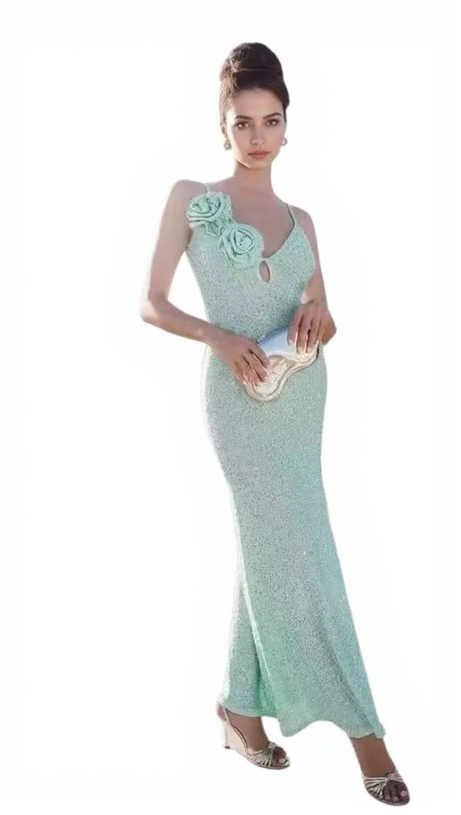 ABITO LUNGO ADERENTE CON PAILLETTES E DECORAZIONI FLOREALI COLOR ACQUA DI OLIVA