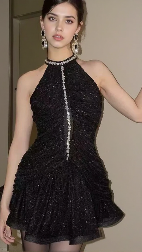 AMENAE EMBELLISHED RUCHED MINI DRESS IN BLACK