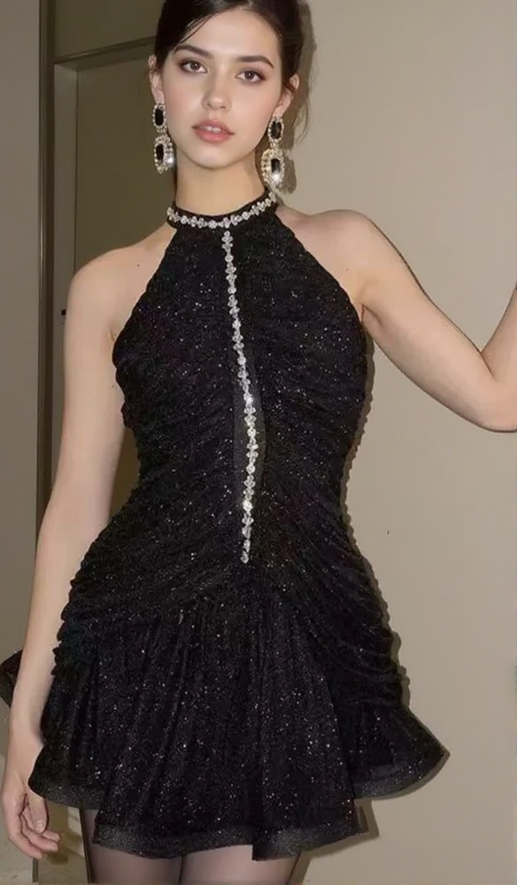 AMENAE EMBELLISHED RUCHED MINI DRESS IN BLACK