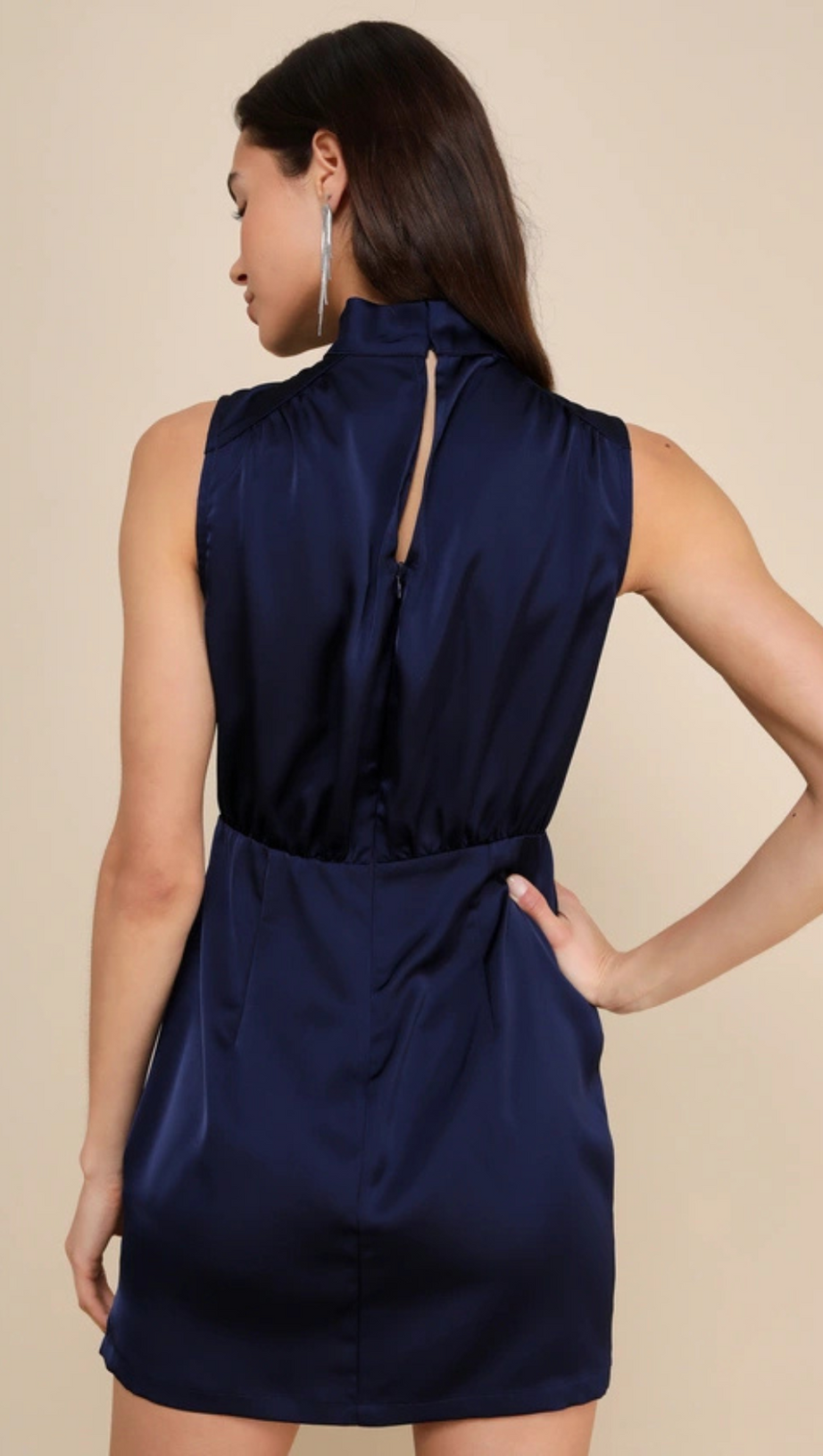 NAVY SATIN SLEEVELESS MOCK NECK MINI DRESS
