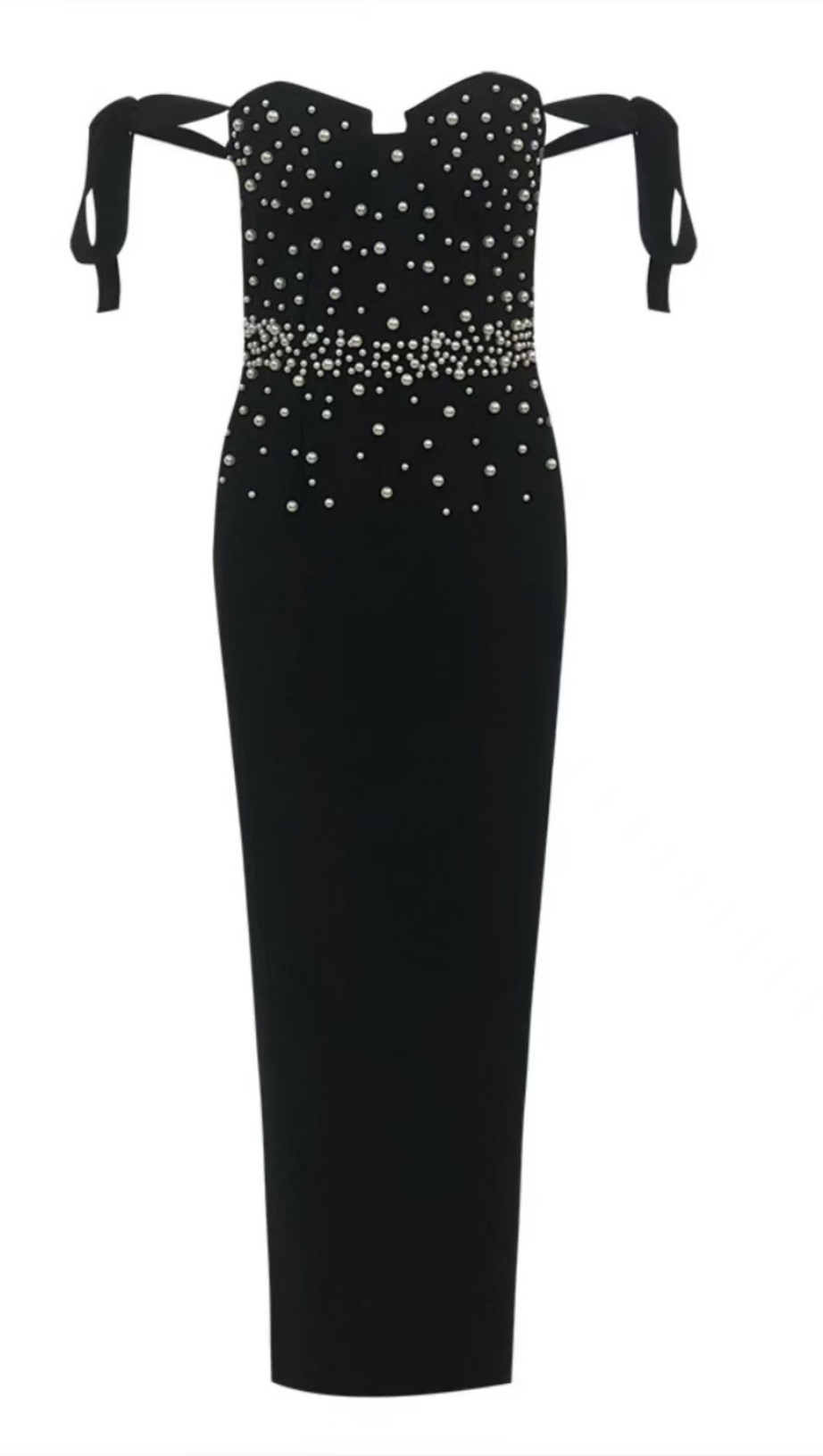 Rückenfreies, figurbetontes Maxikleid mit Perlenverzierung