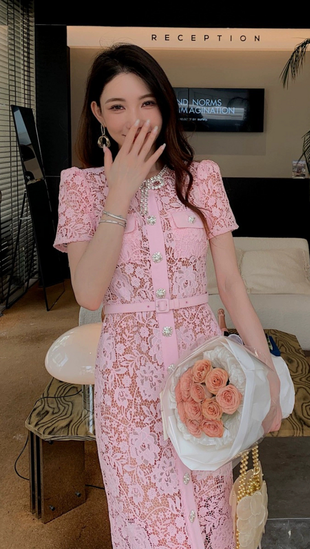 AIIZIE PINK LACE DIAMANTE BOW MIDI DRESS - product image