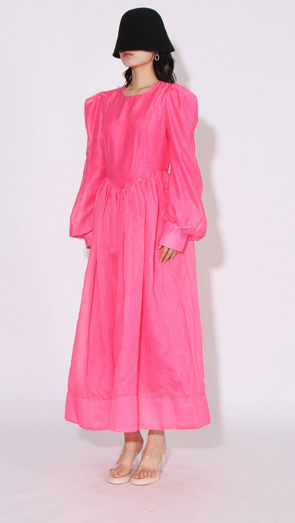 AIIZIE DELIA PINK LANTERN SLEEVE ROUND NECK MIDI DRESS - product image