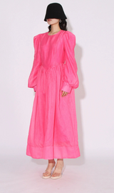 DELIA PINK LANTERN SLEEVE ROUND NECK MIDI DRESS