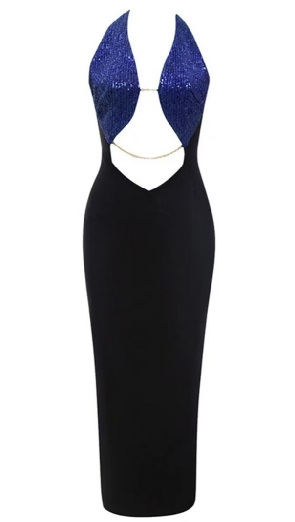 AIIZIE TWO TONE CUT OUT BACKLESS SPLIT BACK HALTER NECK DRESS - product image