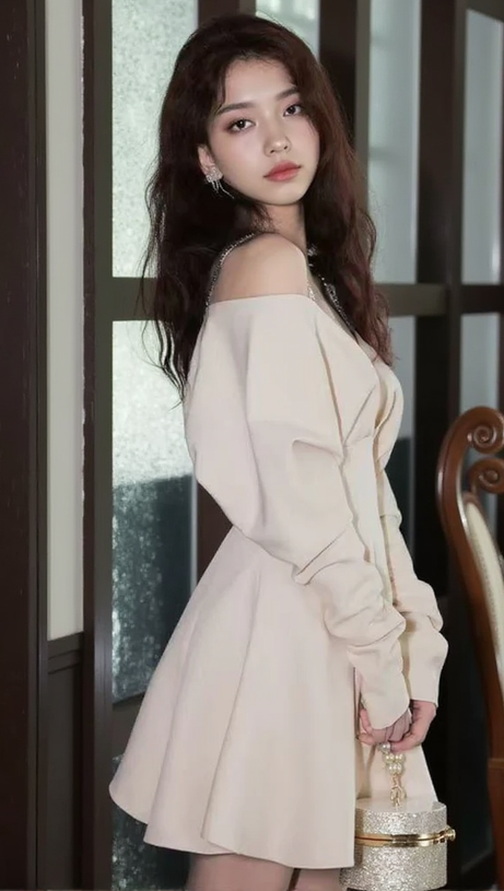 V-NECK LONG-SLEEVED A-LINE SUSPENDER DRESS