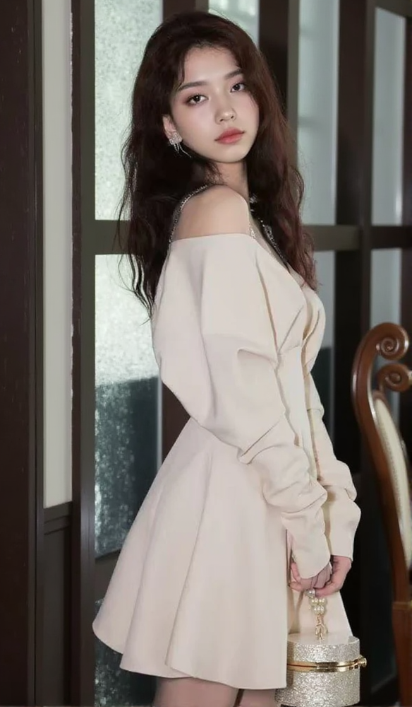 V-NECK LONG-SLEEVED A-LINE SUSPENDER DRESS