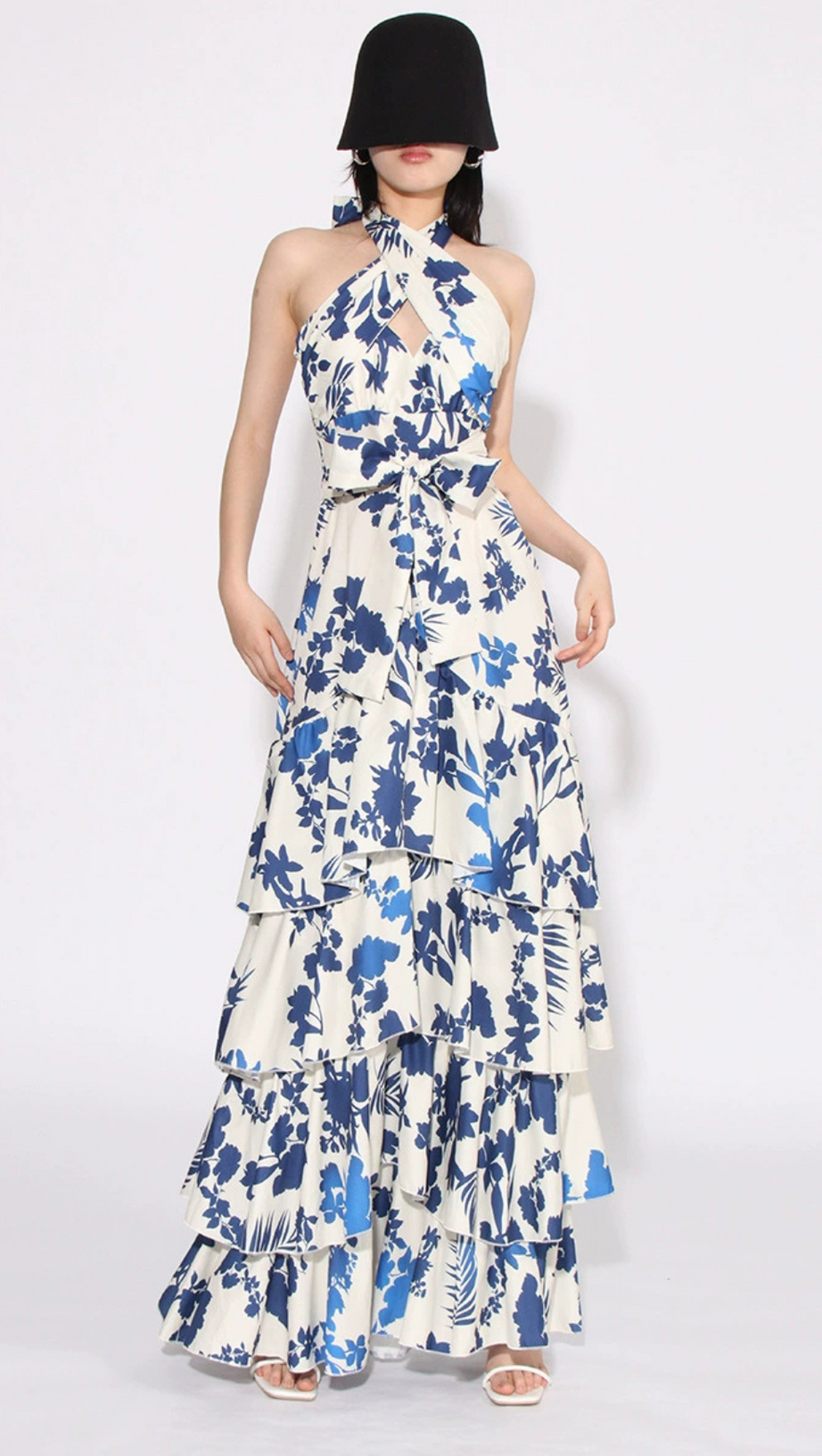 CAROLINE SLEEVELESS RUFFLED PRINT HALTER MAXI DRESS
