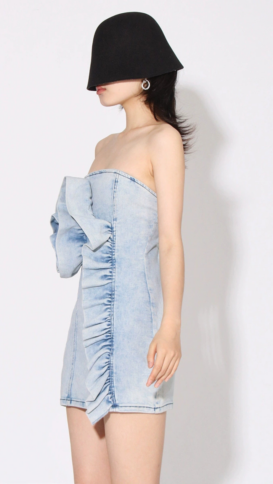 ALISON BLUE RUFFLED TRIM STRAPLESS DENIM MINI DRESS
