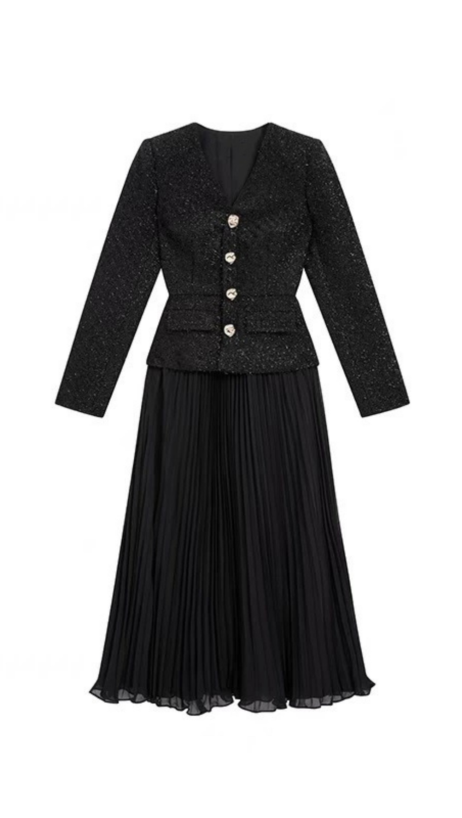 BLACK TINSEL BOUCLE CHIFFON MIDI DRESS