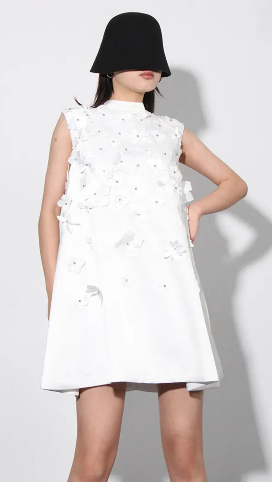 LYDIA FLOWER APPLIQUE MOCK NECK BOW TRIM MINI DRESS