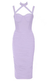 MESH RUCHED MIDI DRESS IN PURPLE