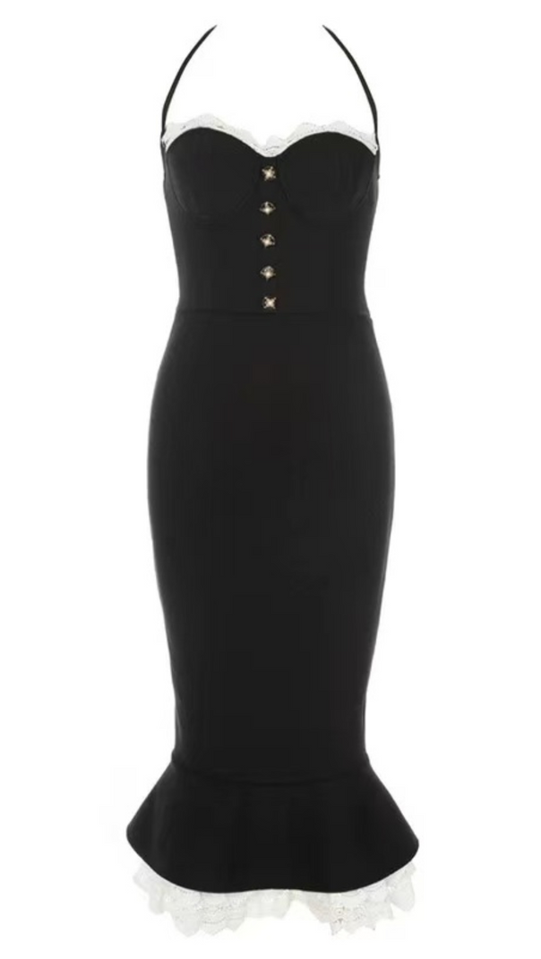 AIIZIE BLACK LACE BUTTON FRONT MERMAID HEM BANDAGE DRESS - product image