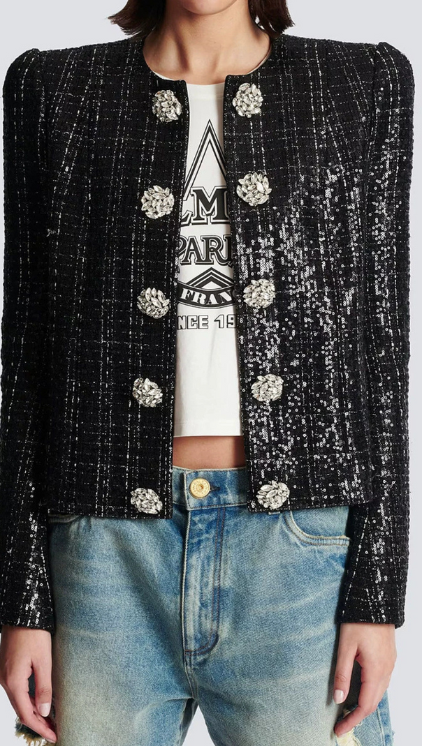 AIIZIE MONA SEQUIN-EMBELLISHED TWEED JACKET IN BLACK - product image