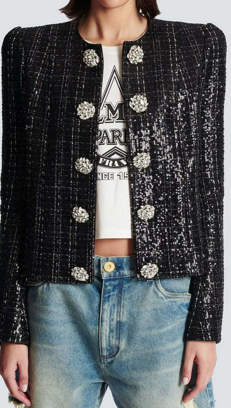 MONA SEQUIN-EMBELLISHED TWEED JACKET IN BLACK