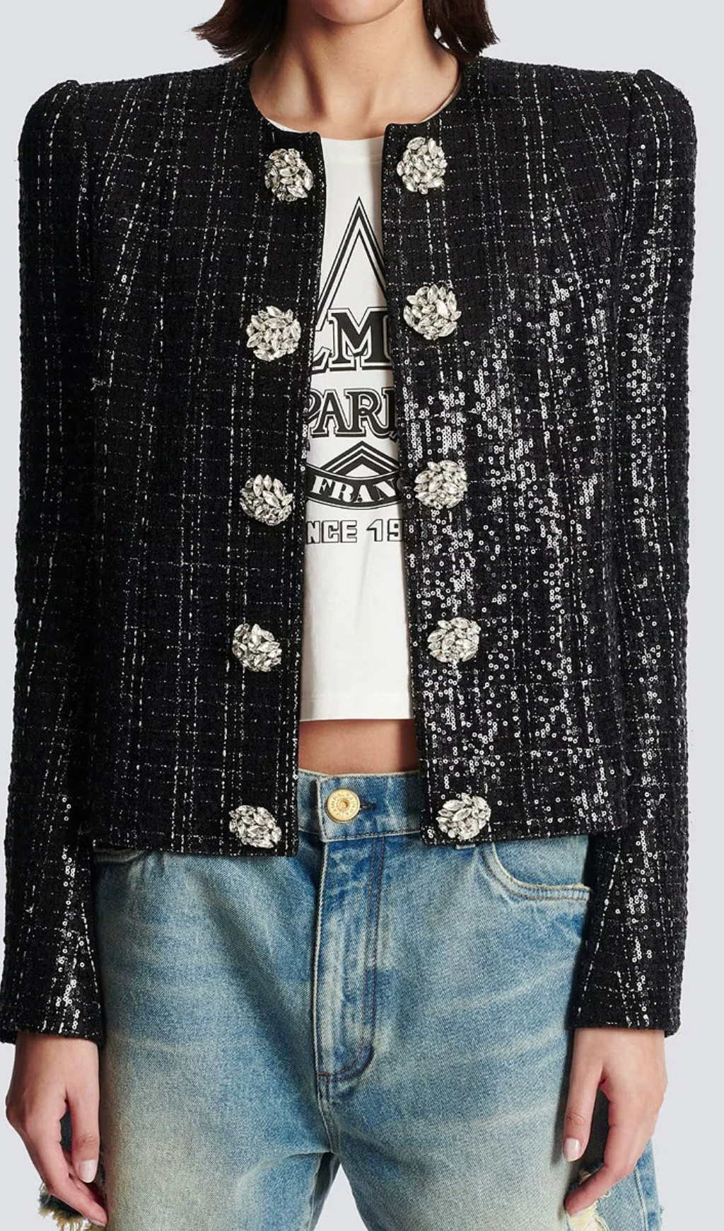 MONA SEQUIN-EMBELLISHED TWEED JACKET IN BLACK