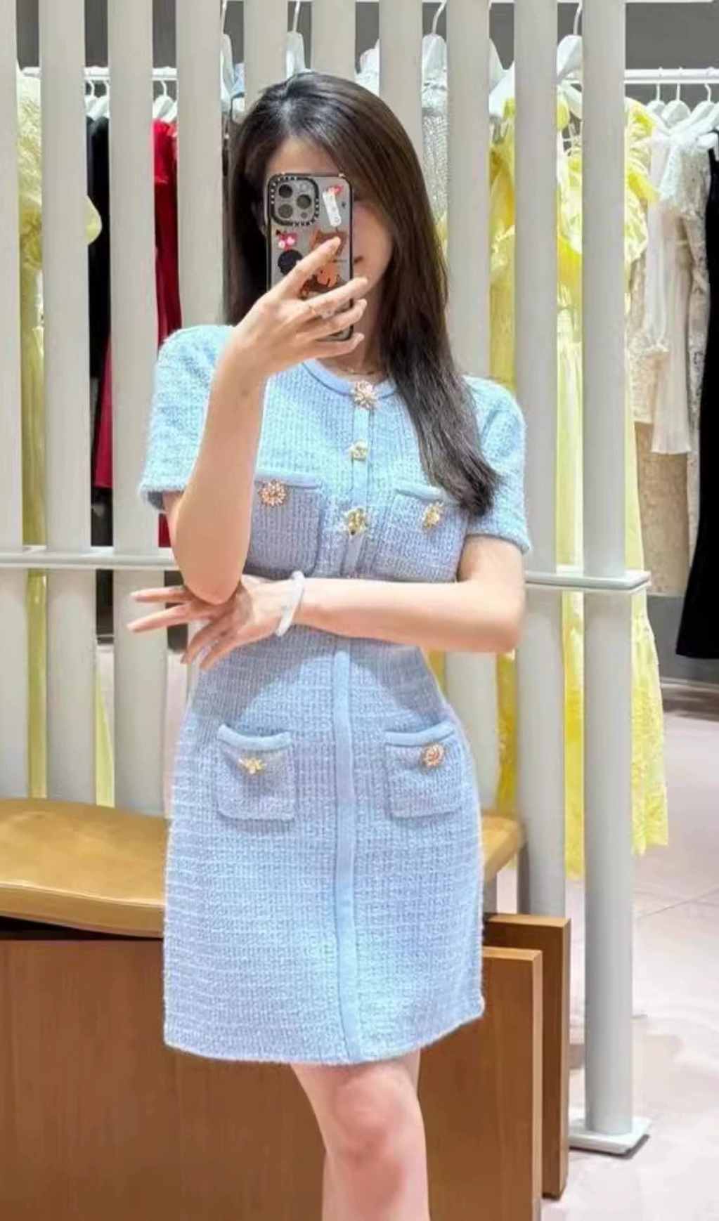 MODESTY BEADED BUTTON KNIT MINI DRESS IN BLUE