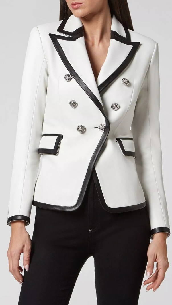 AIIZIE PU LEATHER RHINESTONE BOTTOM BLAZER IN WHITE - product image
