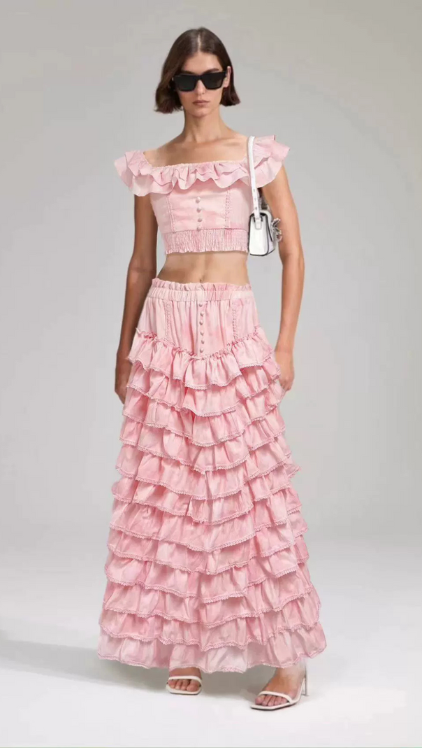 AIIZIE CATHY MULTI-LAYER RUFFLE MAXI DRESS SUIT IN PINK - product image
