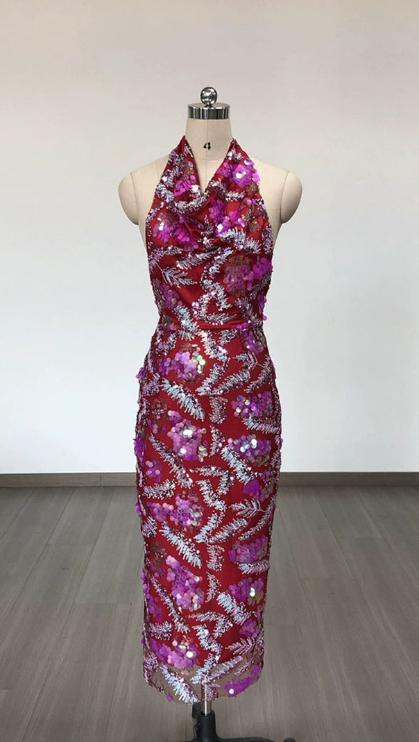 AIIZIE ALVA PINK HALTER EMBELLISHED SEQUIN BODYCON MIDI DRESS - product image