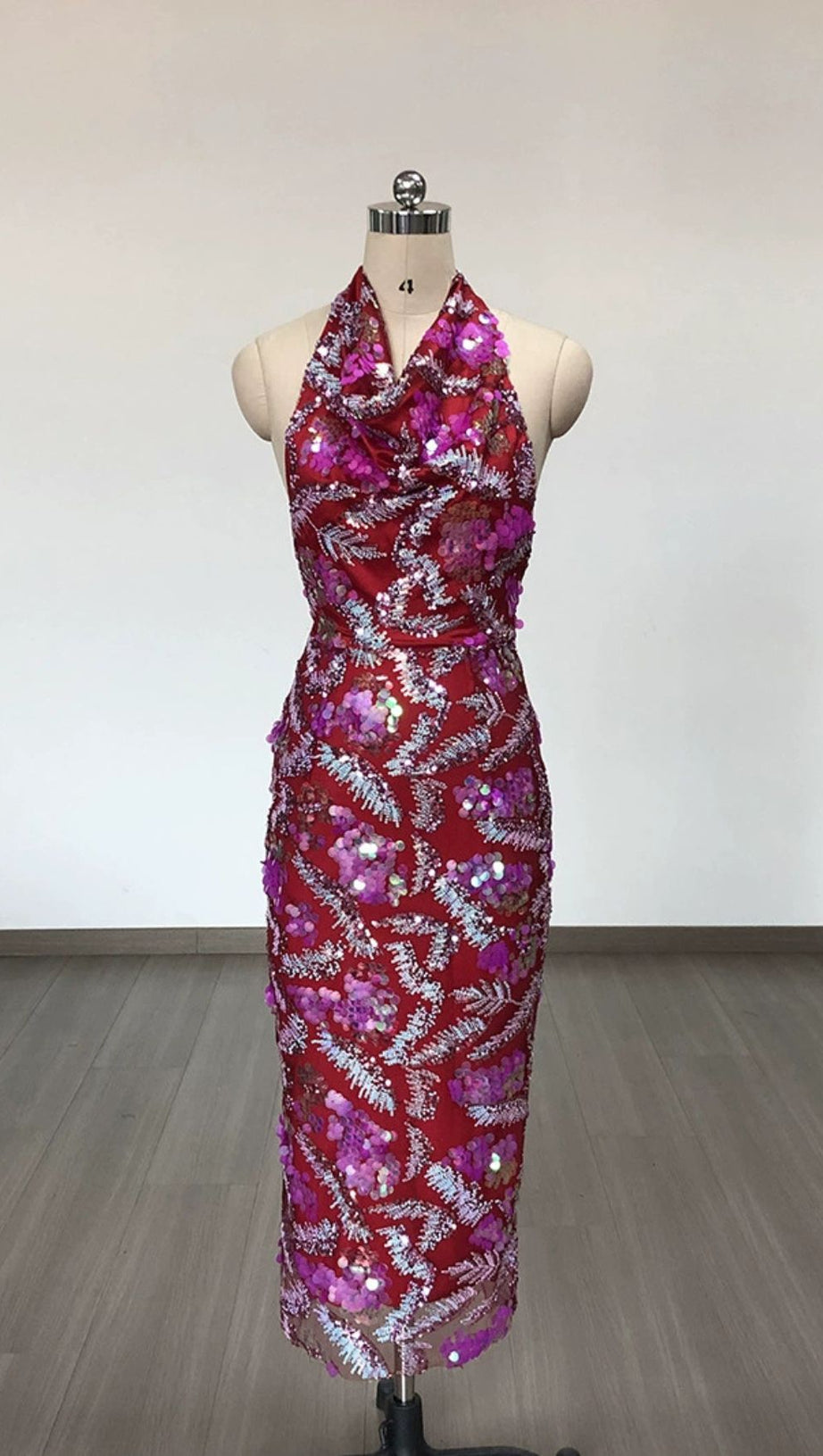 ALVA PINK HALTER EMBELLISHED SEQUIN BODYCON MIDI DRESS