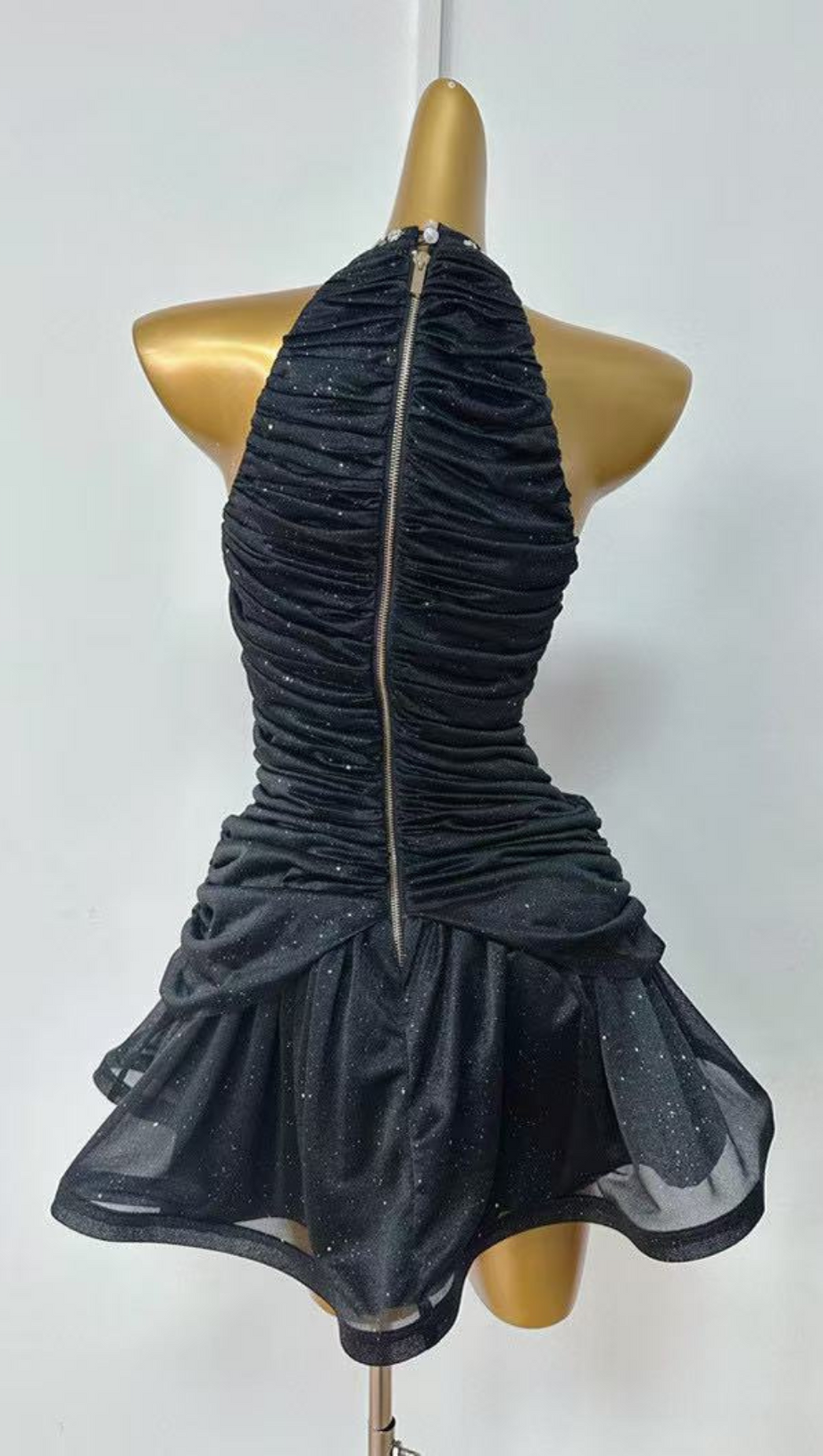 AMENAE EMBELLISHED RUCHED MINI DRESS IN BLACK